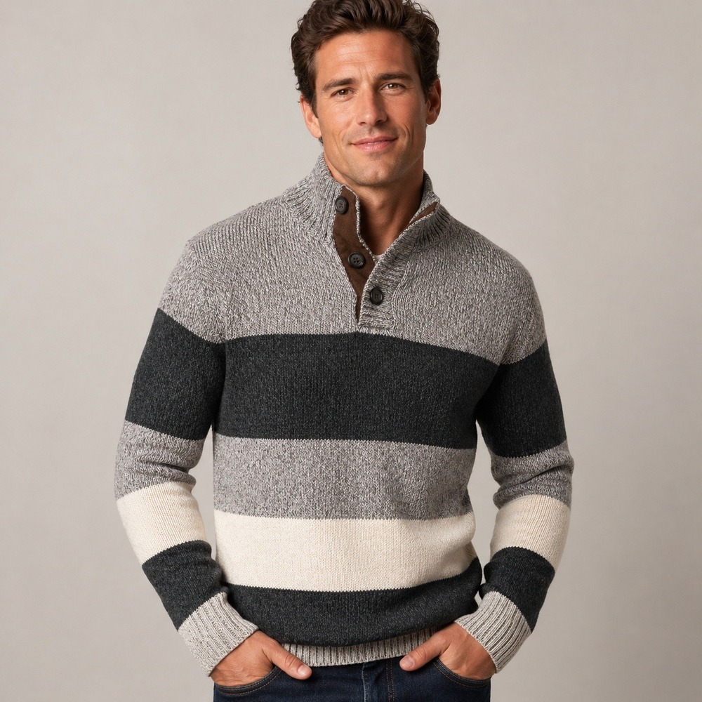 CHAPS Men's Striped Mock‎ Neck Sweater Button Henley Gray Suede Trim Sz S 20x27